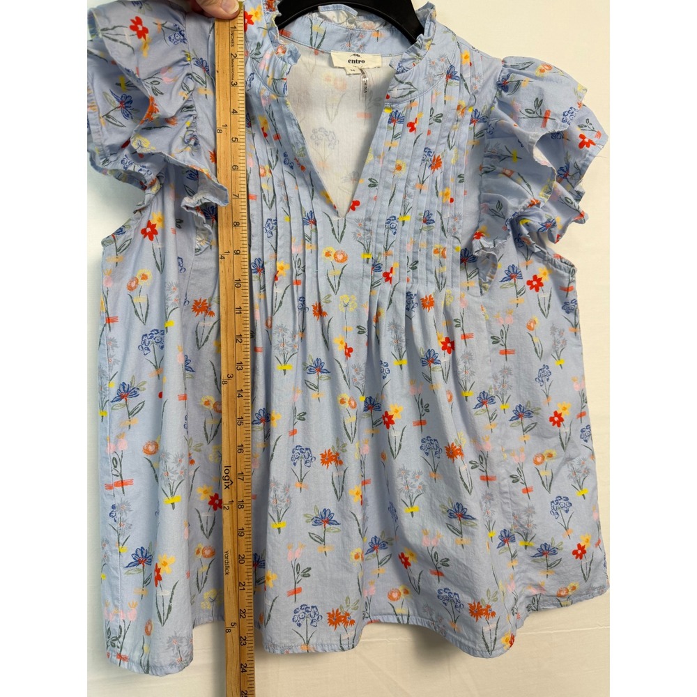Entro Floral Flutter Sleeve Blouse Women Medium Blue Pintuck Pleated Cotton Top - Picture 8 of 8